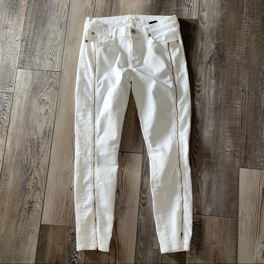 7 for all Mankind white jeans with gold zippers